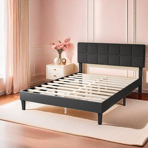 Unikito Bed Frame with Headboard Adjustable, Platform Bed Frame with Linen Fabric Upholstered Headboard, Dark Grey, 57.9"*48.8"*77.36" - image 1 of 4