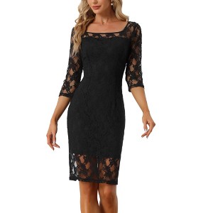 Allegra K Women's Lace 3/4 Sleeve Square Neck Knee Length Sheath Dress - 1 of 4