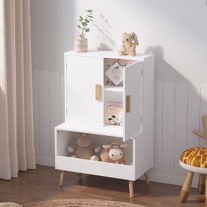 KWPZQEB Kids Toy Storage Cabinet, Wooden Display Organizer with 2 Doors & Open Shelf, Montessori Cabinet for Playroom, Nursery, White - 1 of 4