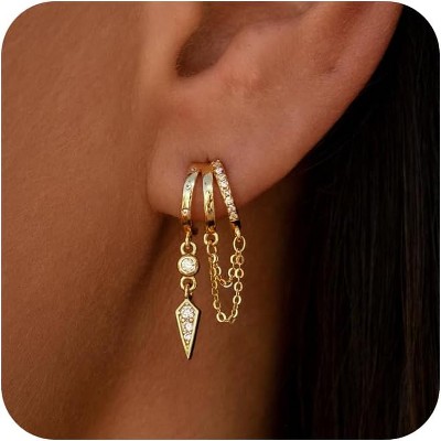Dangle Earrings for Women,14k Gold Plated Triple Huggie Stud Earrings Cute Statement Chain Earring Dainty Drop