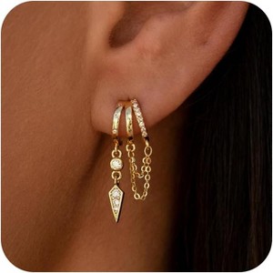 Dangle Earrings for Women,14k Gold Plated Triple Huggie Stud Earrings Cute Statement Chain Earring Dainty Drop - 1 of 4