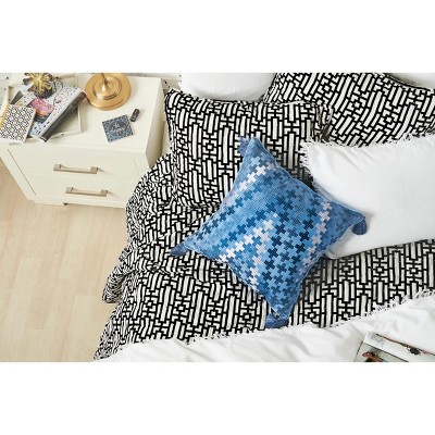 Blue Embroidered Cotton and Linen Throw Pillow with Tassels