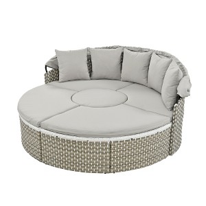 Carrie PE Rattan Round Sectional Sofas, Tone Weave Sunbed with Retractable Canopy, Removable Cushion, Outdoor Furniture - Maison Boucle - 1 of 4