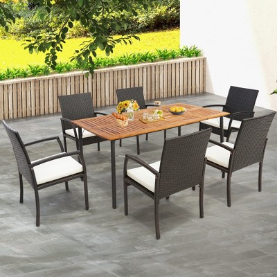 Natural Acacia Wood and Black Metal Outdoor Dining Table with Umbrella Hole