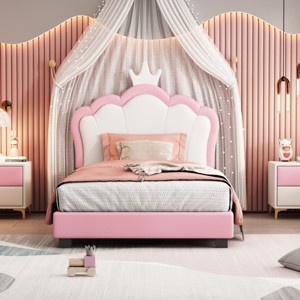 Upholstered Princess Bed with Crown Headboard, PU Leather Frame Bed for Kids Bedroom-Baofuwish - 1 of 4