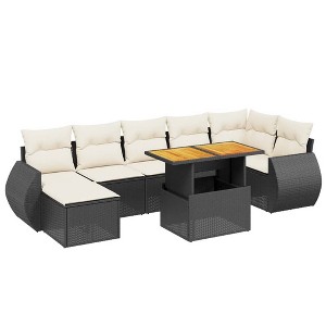 vidaXL Patio Sofa Set with Cushions Outdoor Furniture 8 Piece Poly Rattan - Black and Cream 3x Middle 3x Corner Footrest Table - 1 of 4