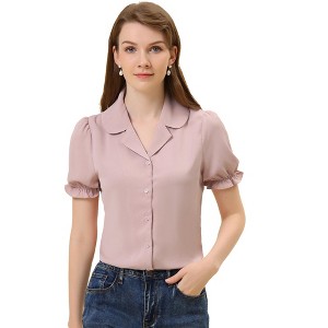 Allegra K Women's Collar Button Front Short Sleeves Work Shirts - 1 of 4
