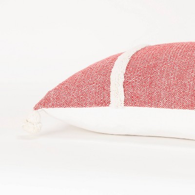 Red and Off-White Cotton Canvas Lumbar Throw Pillow with Tassels