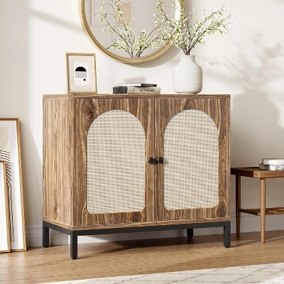 Rattan Sideboard Buffet Cabinet, Kitchen Storage Cabinet Adjustable Shelves, Boho Accent Liquor Coffee Buffet for Living Dining Room Hallway
