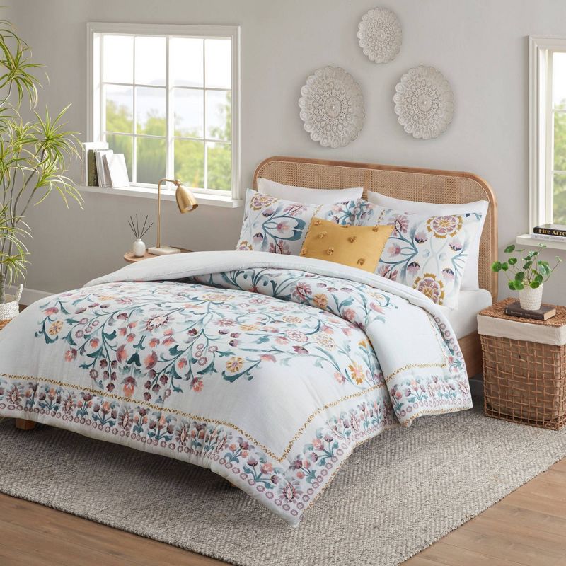 4pc Ada Floral Comforter Set with Throw Pillow White - Madison Park, 3 of 12