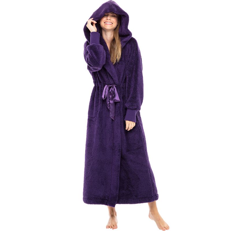 Women's Soft Plush Fleece Robe with Hood, Long Warm Hooded Bathrobe, 1 of 7