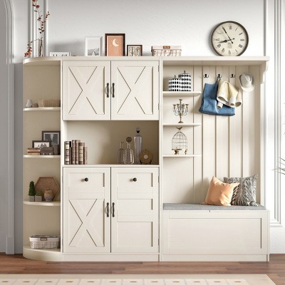 Multifunctional Left-Right Combination Hall Cabinet With Storage And 4 Hooks, Wooden Cabinet/Hall Tree 2 In 1, Storage Cabinet-Cuddlewood