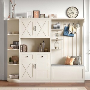 Multifunctional Left-Right Combination Hall Cabinet With Storage And 4 Hooks, Wooden Cabinet/Hall Tree 2 In 1, Storage Cabinet-Cuddlewood - 1 of 4