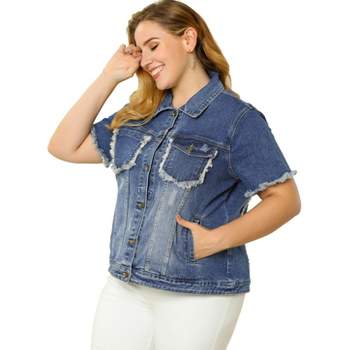 Agnes Orinda Women's Plus Size Spring Trend Denim Short Sleeve Distressed Jacket with Pockets