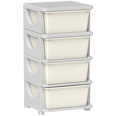 4 Tier Kids Storage Unit, 4 Drawer Chest Toy Organizer Plastic Bins, Cream White