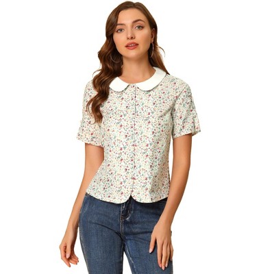 Allegra K Women's Peter Pan Collar Short Sleeve Button Down Shirt