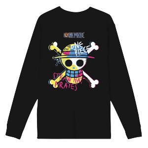 One Piece Live Action Graffiti-Style Straw Hat Pirates Adult Black Crew Neck Long Sleeve Shirt - 1 of 2