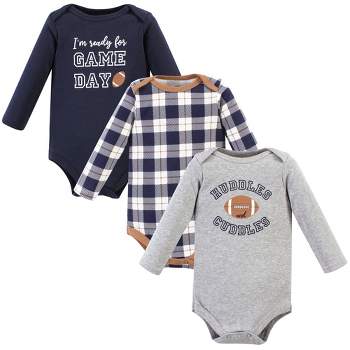 Hudson Baby Infant Boy Cotton Long-Sleeve Bodysuits, Blue Football Huddles 3-Pack