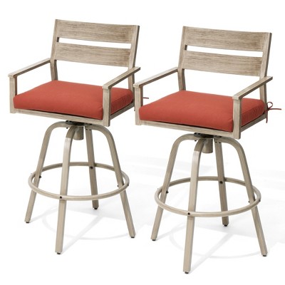 Pellebant 2pc Aluminum Outdoor Swivel Woodgrain Finish Bar Stools with Sunbrella Cushion