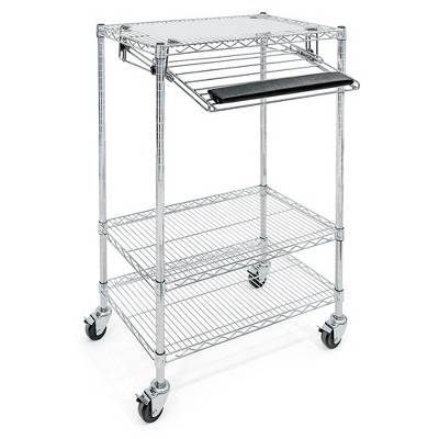 Chrome-Plated Steel Computer Cart with Keyboard Tray and Shelves