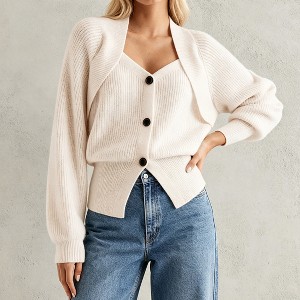 Women Cardigan V Neck Button Lantern Sleeve Drop Shoulder Front