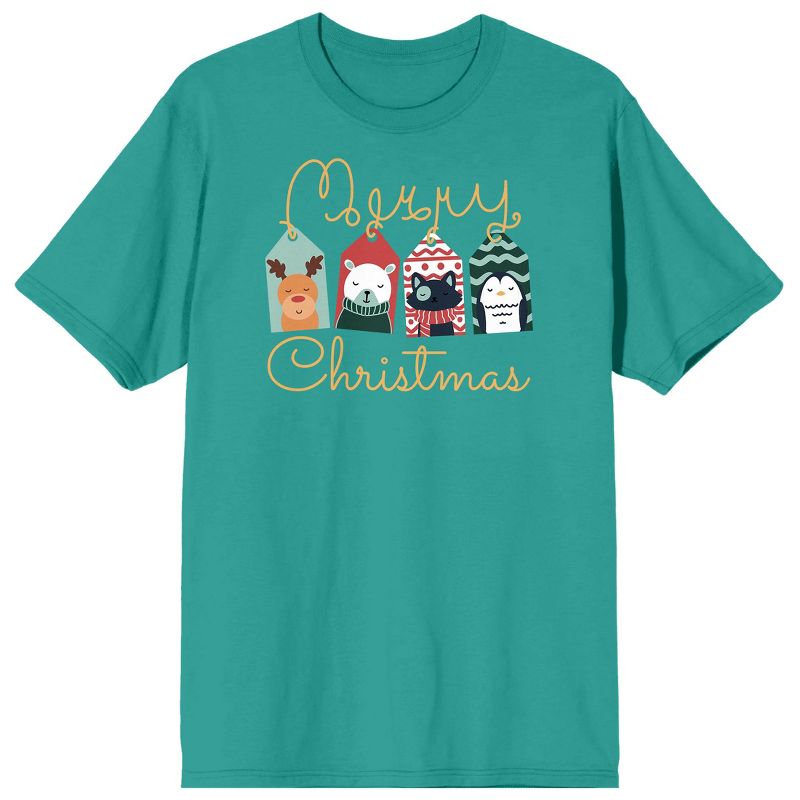 Christmas Critters Cartoon Animal Gift Tags Crew Neck Short Sleeve Bright Aqua Unisex Adult T-shirt, 1 of 3