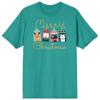Christmas Critters Cartoon Animal Gift Tags Crew Neck Short Sleeve Bright Aqua Unisex Adult T-shirt