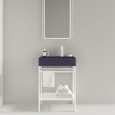 Bathroom Floor Cabinet,Bathroom Vanity With Ceramic Basin And Open Metal Leg And Storage Shelf,Freestanding Bathroom Furniture-Cuddlewood