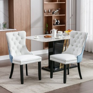 DOMETOUR 2 Pcs High-end Tufted Modern Upholstered Dining Chair PU and Velvet with Wood Legs Nailhead Trim - 1 of 4