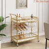 Bar Cart Gold, 2 Tier Bar Carts for The Home, Gold Bar Carts on Wheels, Serving Cart w/ White Marble Finish Wood Shelf, Wine Rack & Glass Holder - 3 of 4