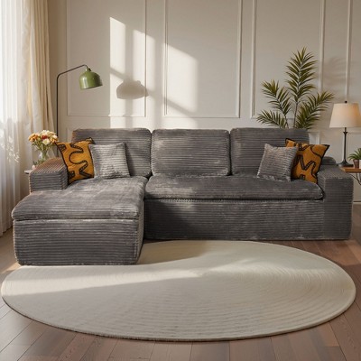 XIZZI No Assembly Sectional Sofa Set w/ Chaise - Plush/Corduroy Fabric, High-Resilience Foam, Beige/Black/Gray - Ships Compressed & Ready to Use