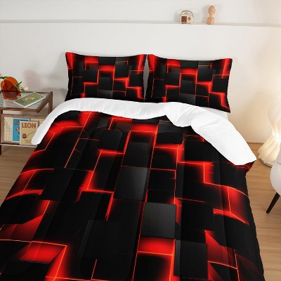 Hachikiko Honeycomb Comforter Set 3pcs - Red Black Geometric Gamer Bedding,Soft Lightweight with 2 Pillowcases,Queen Size