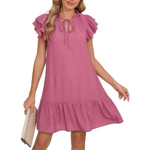 Womens Summer Dresses 2025 V-Neck Drawstring Ruffle Cap Short Sleeve Side Pockets Mini Dress Sundress - 1 of 4