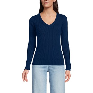 Lands' End Women's Fine Gauge Cotton Baby Cable Vneck Sweater - 1 of 3