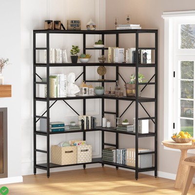 5-Tier L-Shaped Corner Bookcase, Industrial Tall Bookshelf with Storage, Heavy-Duty Metal Frame for Living Room, Bedroom, Home Office