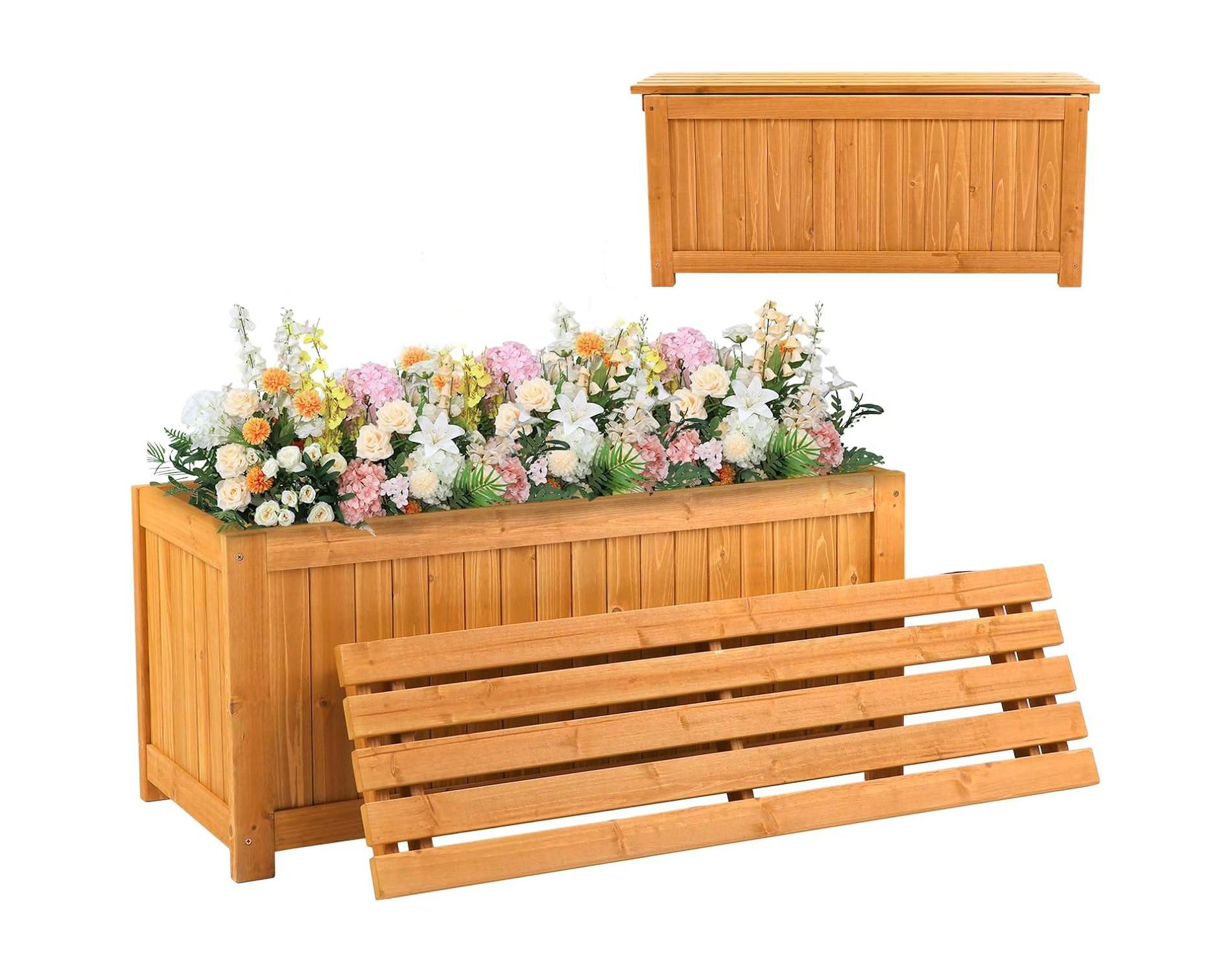 VINGLI Outdoor Wood Bench with Planter Boxes, 2-in-1 All-Weather Porch Bench Seat ＆ Open-Ended Raised Garden Bed, for Balcony Patio (Rectangle)