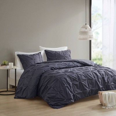 Navy Cotton Pintuck Full/Queen Duvet Cover Set with Shams