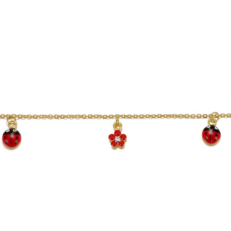 14k Gold Plated Red & Black Enamel Crystal Lady Bug & Flower Triple Charm Bracelet, 2 of 3