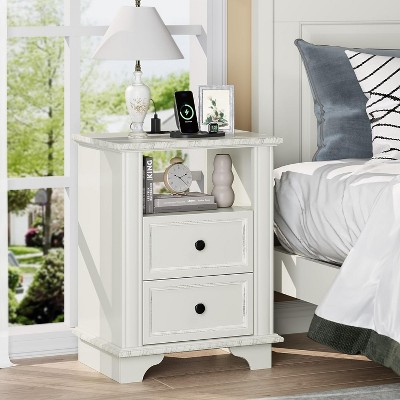 VINGLI 19.7" W Nightstand with Charging Station, White Nightstand with Drawers, Wood Night Stand
