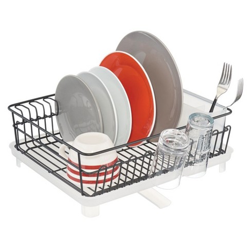 mDesign Large Kitchen Countertop, Sink Dish Drying Rack with Removable  Cutlery Tray and Drainboard with Adjustable Swivel
