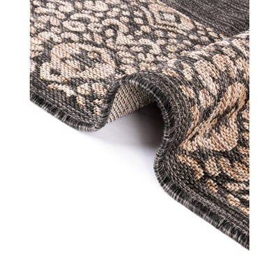 Charcoal Gray Floral Border Outdoor Rectangular Rug