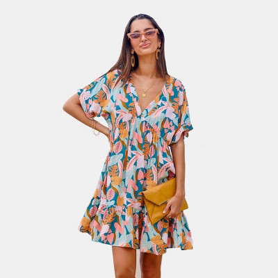 Women's Tropical Leaf Short Sleeve Flounce Hem Mini Dress - Cupshe