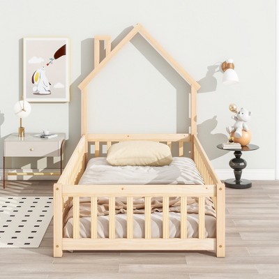 MAYEERTY Twin House-shaped Headboard Floor Bed with Fence Beige