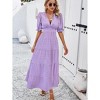 Women's Summer A Line Deep V Neck Dress Short Lantern Sleeve Ruffles Swing Midi Dress with Belt - 4 of 4
