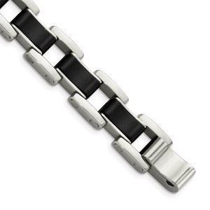 Black Bow Jewelry Men's 14mm Stainless Steel & Black Rubber Link Bracelet, 8.5 Inch - 1 of 4