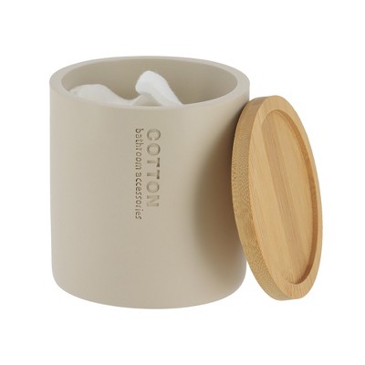 Beige Polyresin Cotton Pad Holder with Bamboo Lid