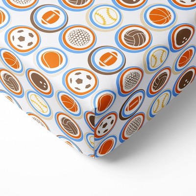 Bacati - Mod Sports Print Blue Orange Chocolate 100 percent Cotton Universal Baby US Standard Crib or Toddler Bed Fitted Sheet