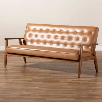 Mid-Century Walnut Brown Tufted Faux Leather Sofa