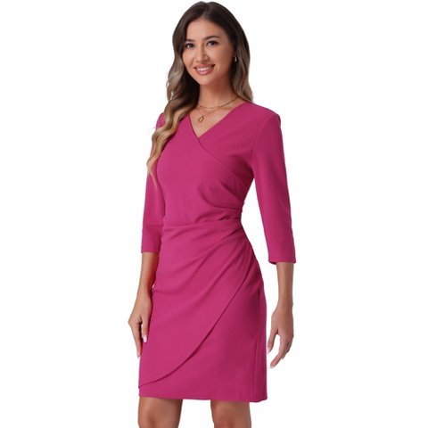 Женские платья INSPIRE CHIC Women's 3/4 Sleeve Ruched V Neck Wedding Guest Casual Elegant Dress Hot Pink Small