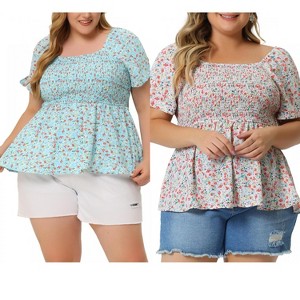 Women's Plus Size 2 Piece Floral Square Neck Smocked Bow Tie Short Sleeve Casual Babydoll Blouses - Agnes Orinda - 1 of 4